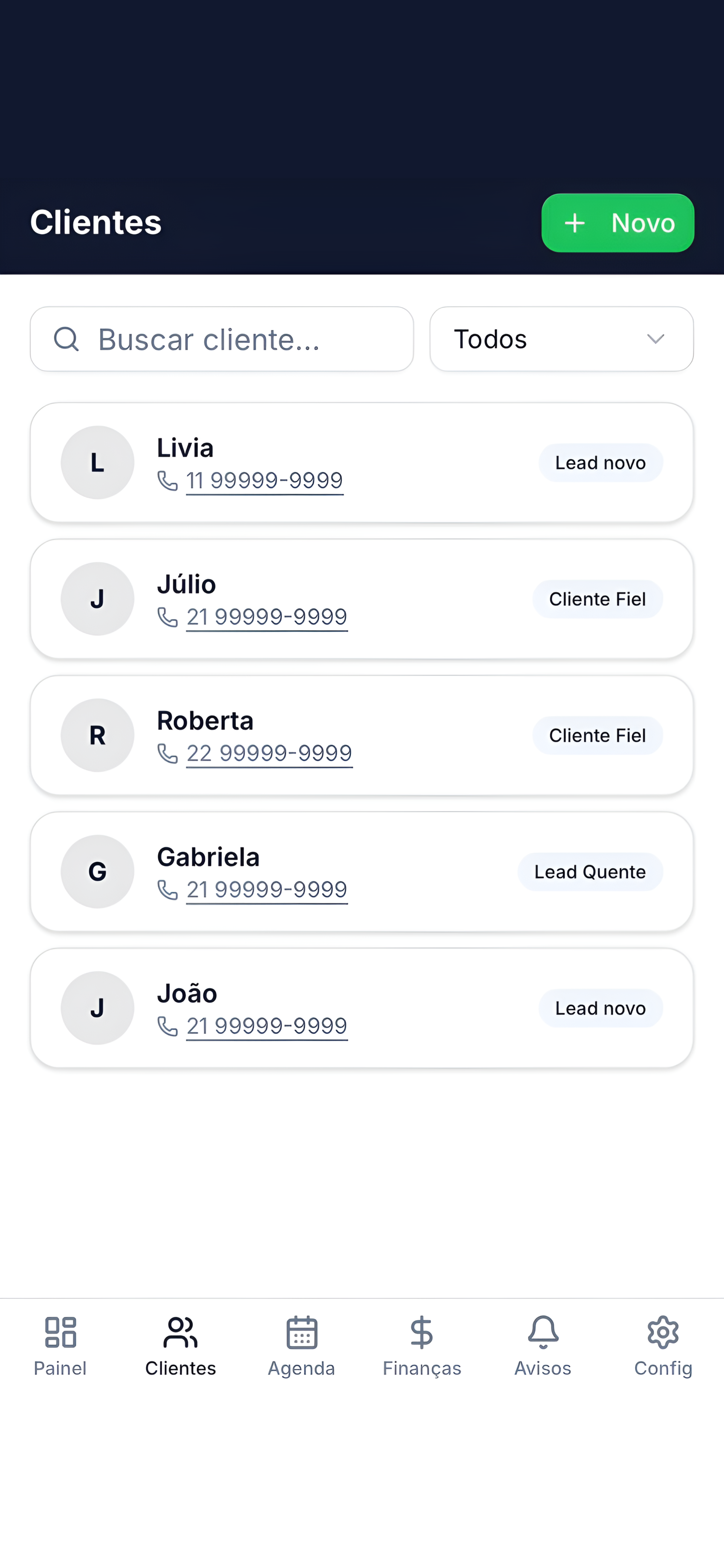 Tela do app - Clientes